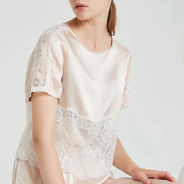 19m/m Silk Fashion Lace Pajamas Suit Sexy Short-Sleeved Trousers Loungewear [SLP0024]