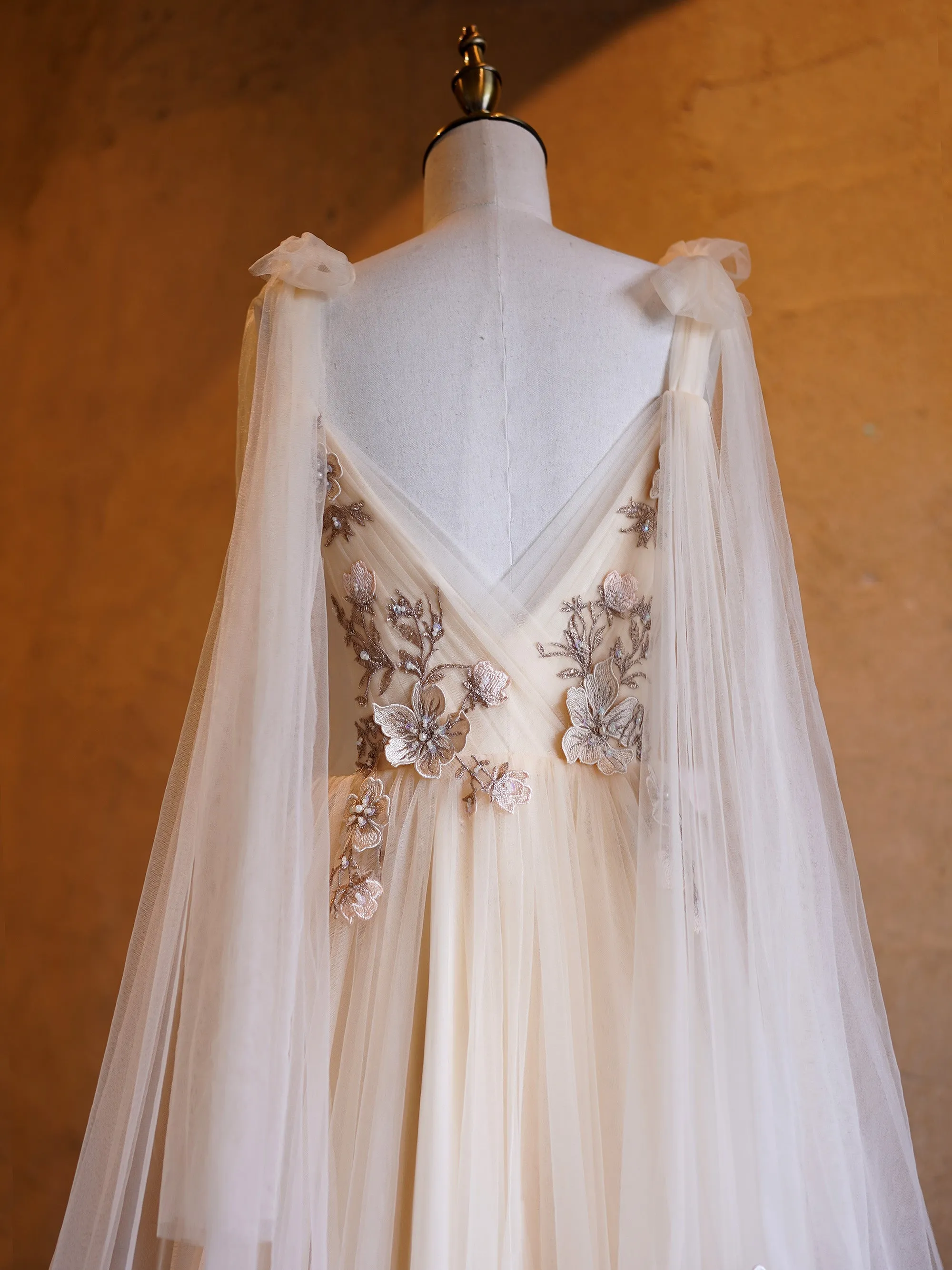 A-line Tulle Embroidery Deep-V Neck Floor-Length Prom Dresses