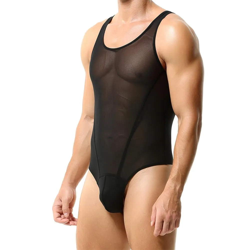 ABAFIP Men's Mesh Undershirts Bodysuit Sleeveless Sheer Tank Top Jumpsuit Fitness Mankini Jumpsuit Singlet Rave Tanks Black XX-Large