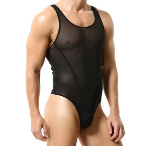 ABAFIP Men's Mesh Undershirts Bodysuit Sleeveless Sheer Tank Top Jumpsuit Fitness Mankini Jumpsuit Singlet Rave Tanks Black XX-Large