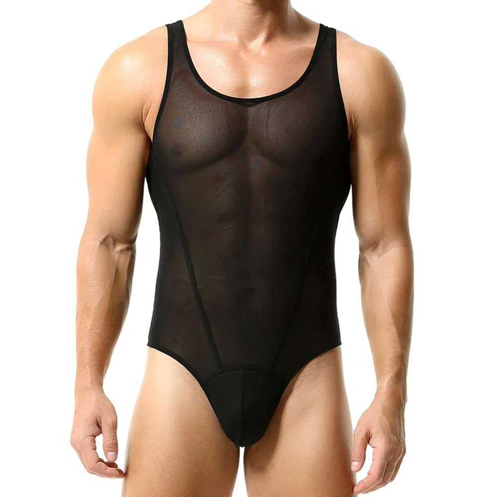 ABAFIP Men's Mesh Undershirts Bodysuit Sleeveless Sheer Tank Top Jumpsuit Fitness Mankini Jumpsuit Singlet Rave Tanks Black XX-Large