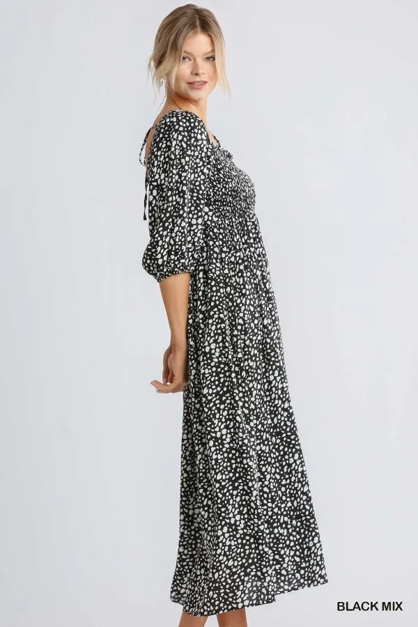Animal Print Square Neckline Half Sleeve Smocked Maxi Dress