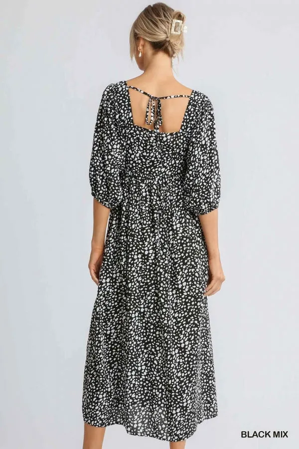 Animal Print Square Neckline Half Sleeve Smocked Maxi Dress