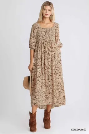 Animal Print Square Neckline Half Sleeve Smocked Maxi Dress
