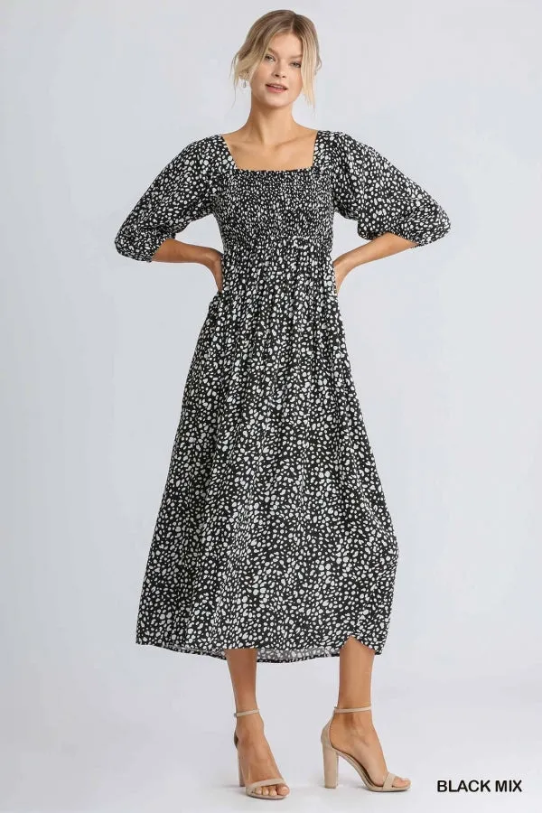 Animal Print Square Neckline Half Sleeve Smocked Maxi Dress
