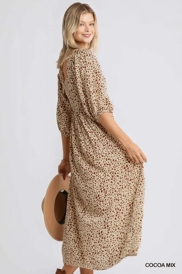 Animal Print Square Neckline Half Sleeve Smocked Maxi Dress
