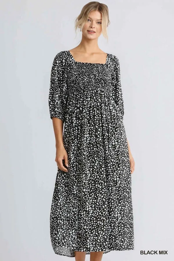 Animal Print Square Neckline Half Sleeve Smocked Maxi Dress
