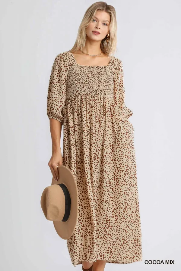 Animal Print Square Neckline Half Sleeve Smocked Maxi Dress