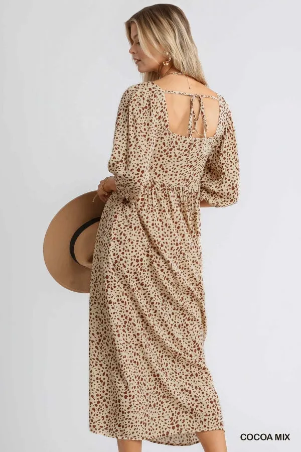 Animal Print Square Neckline Half Sleeve Smocked Maxi Dress