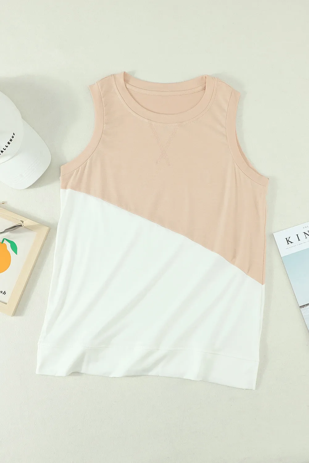 Apricot Colorblock Sleeveless Tank Top with Round Neck