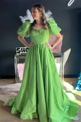 Aurora | Green Ruffled Puff Sleeves Satin Long Prom Dress