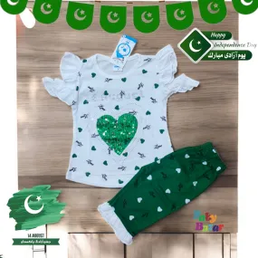 Baby Girl Cute Dress With Heart Shape And White Color And Green Pajama For Independence Day