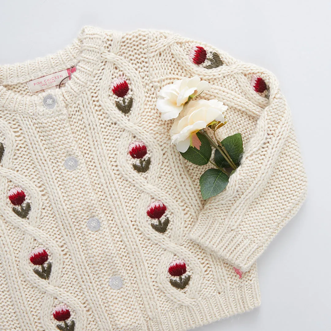 Baby Girls Dalia Diamond Sweater - Cream Floral Embroidery