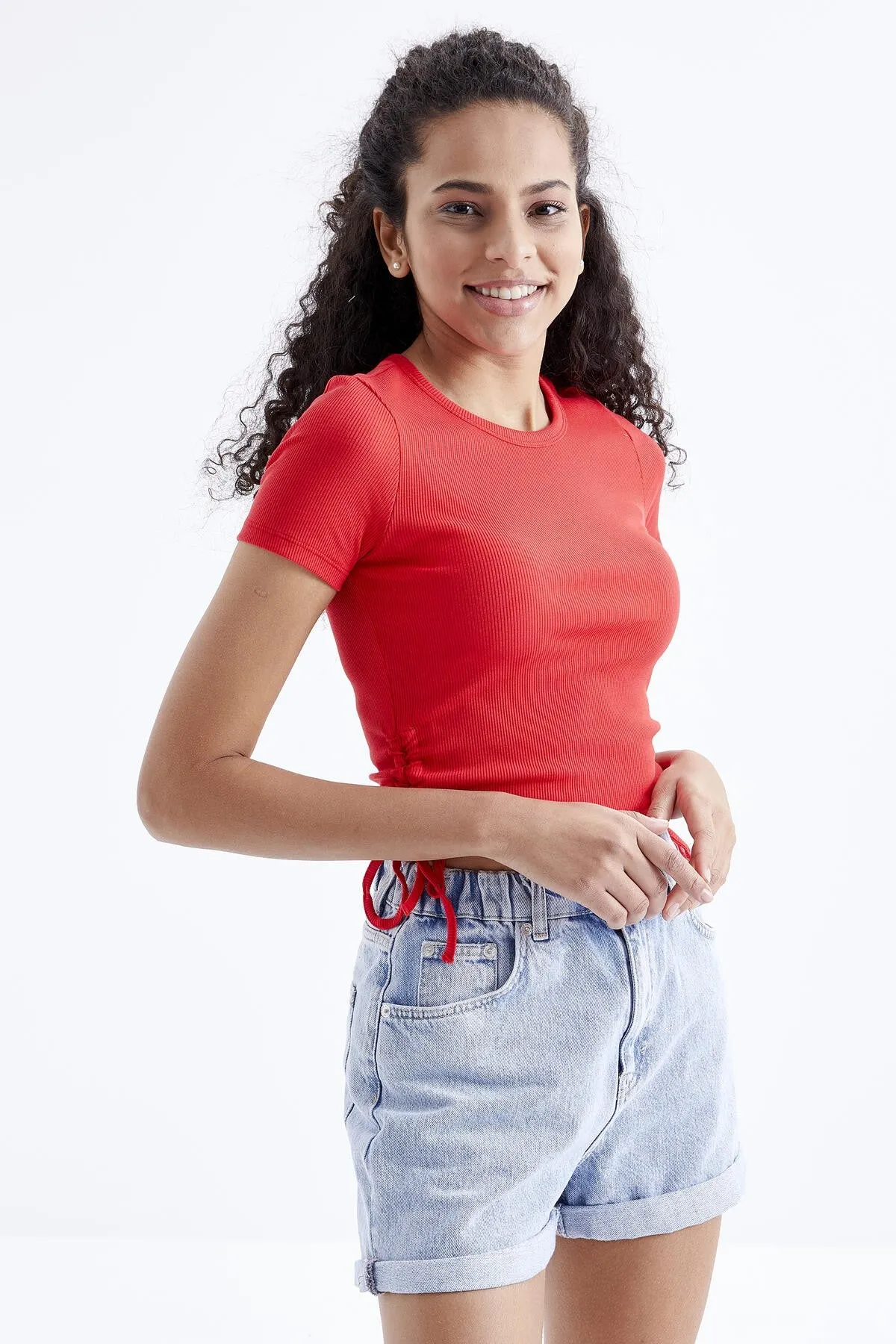 basic yani büzgülü o yaka kadin crop top t-shirt - 97203