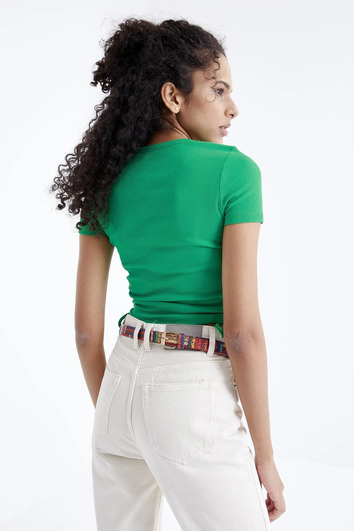 basic yani büzgülü o yaka kadin crop top t-shirt - 97203