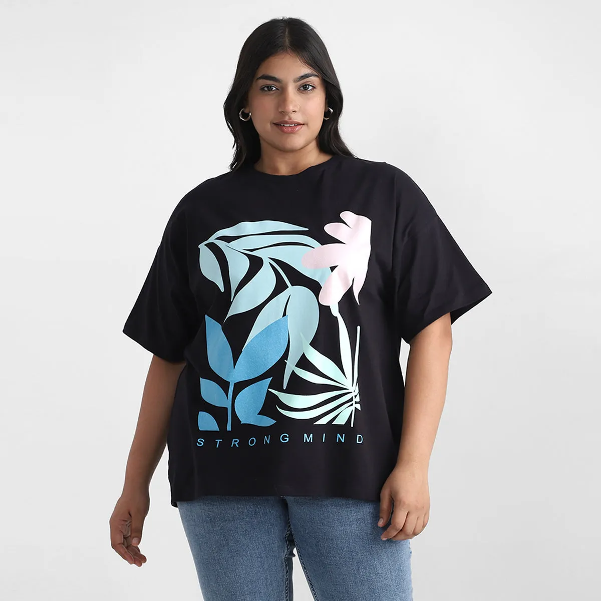 Black Floral Plus Size Chest Print Cotton Tee