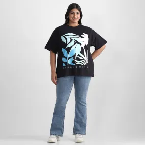 Black Floral Plus Size Chest Print Cotton Tee