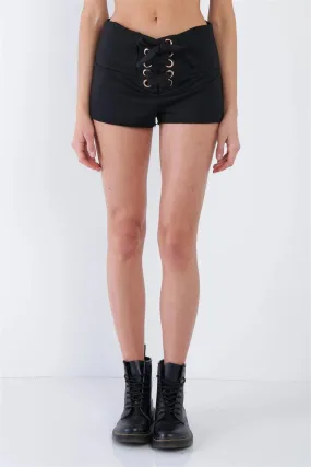 Black Lace Up Casual Raw Hem Short Shorts /2-1-1