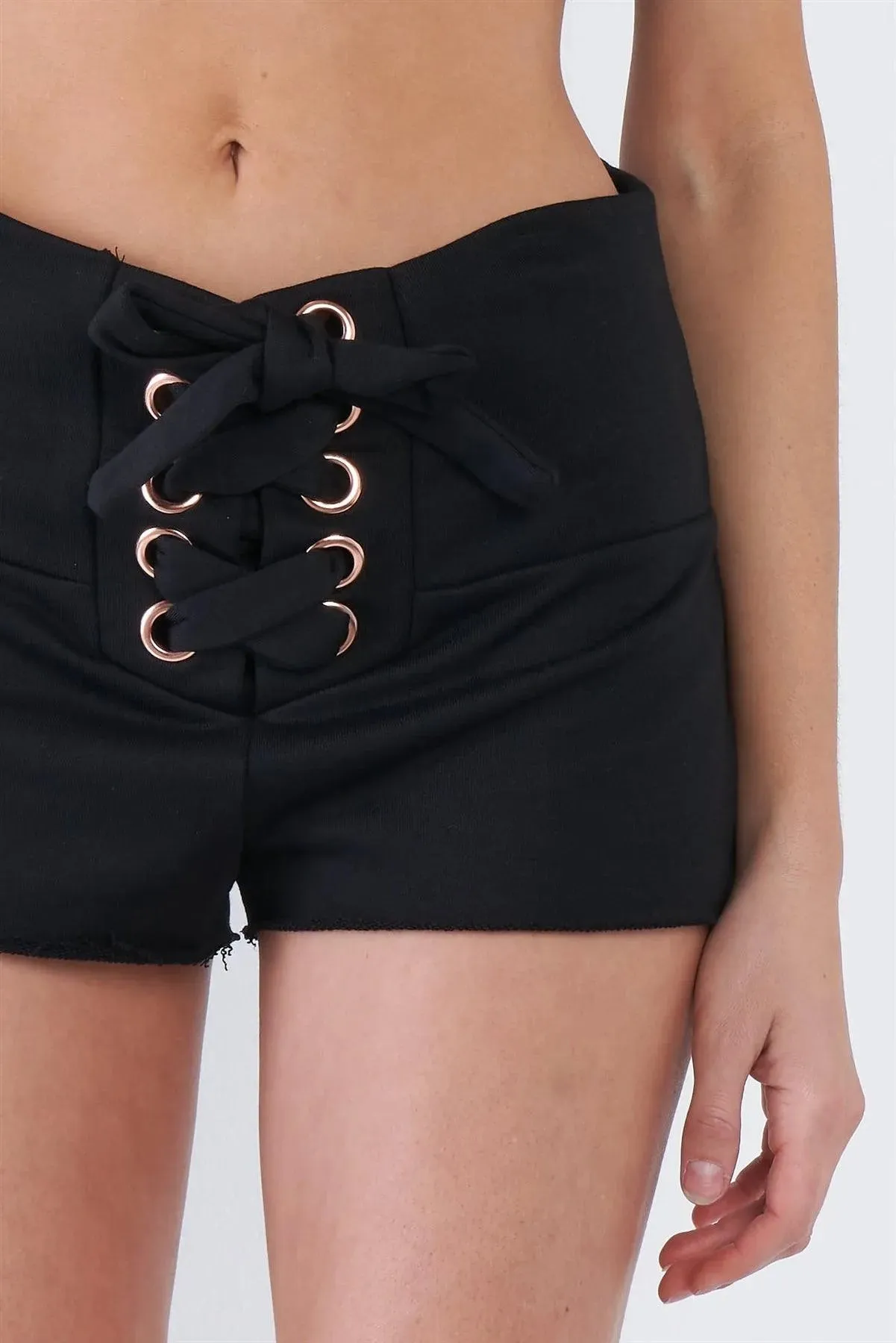 Black Lace Up Casual Raw Hem Short Shorts /2-1-1