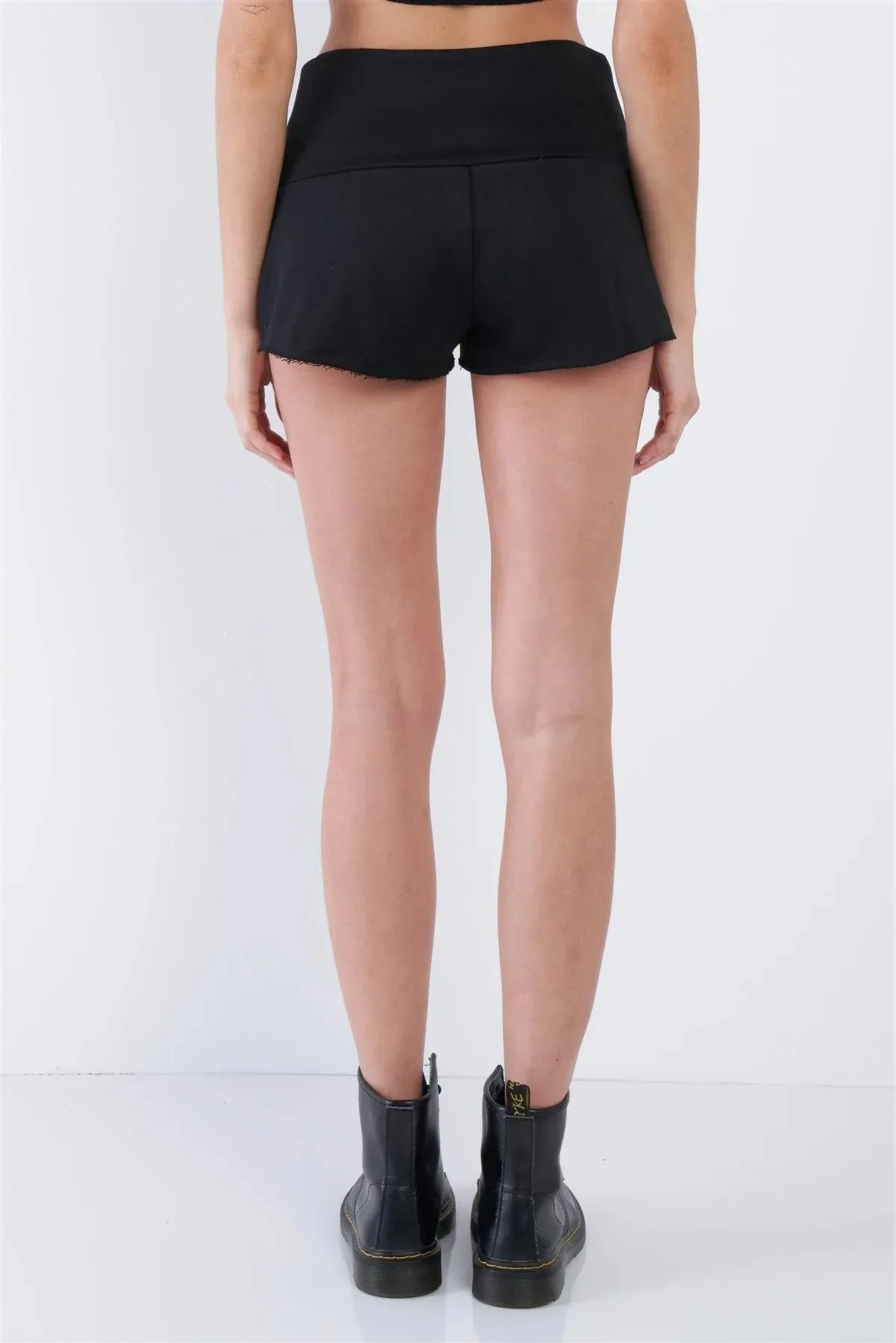 Black Lace Up Casual Raw Hem Short Shorts /2-1-1