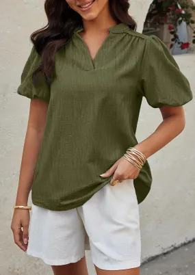 Casual V Neck Short Puff Sleeve Pleated Cotton Loose Blouses