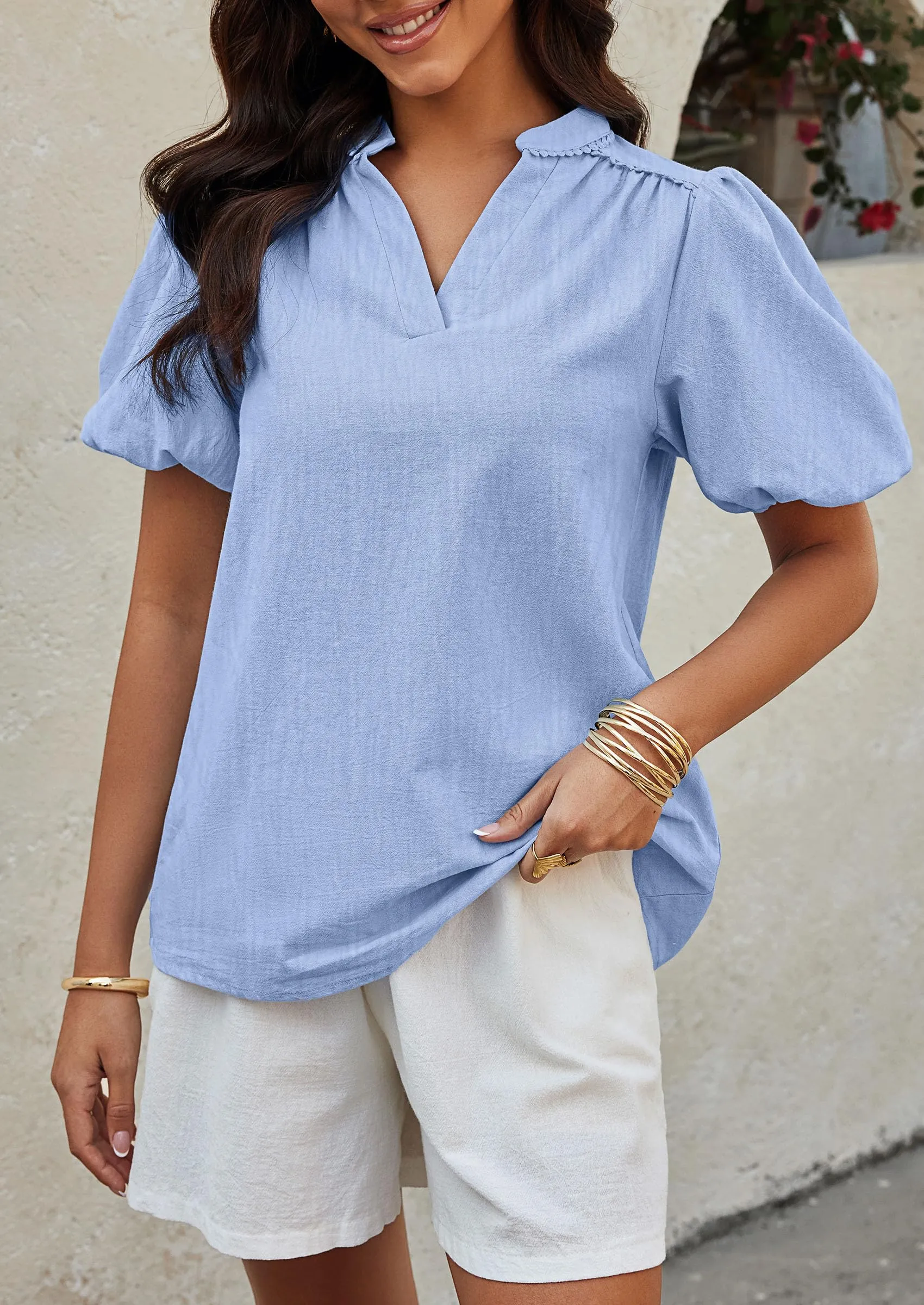 Casual V Neck Short Puff Sleeve Pleated Cotton Loose Blouses