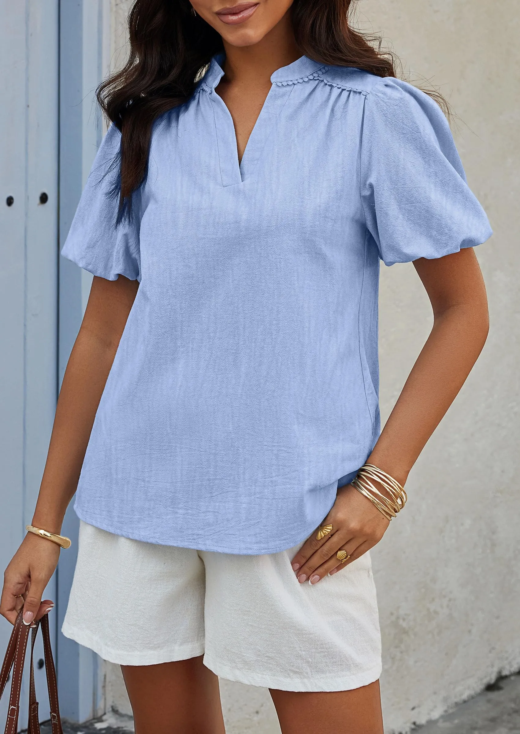 Casual V Neck Short Puff Sleeve Pleated Cotton Loose Blouses