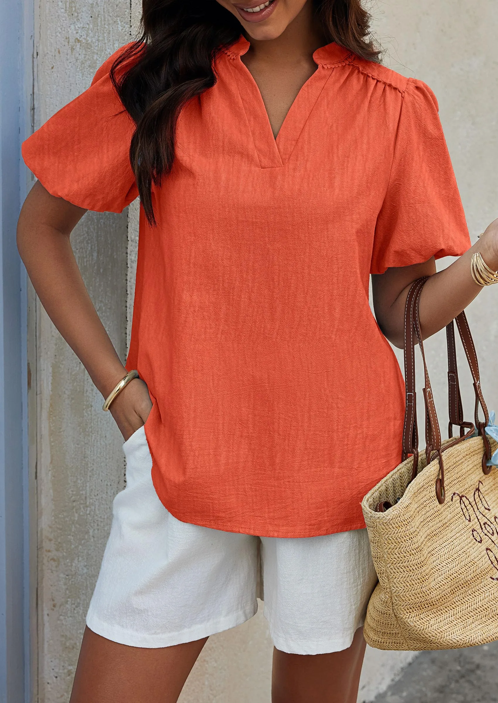 Casual V Neck Short Puff Sleeve Pleated Cotton Loose Blouses