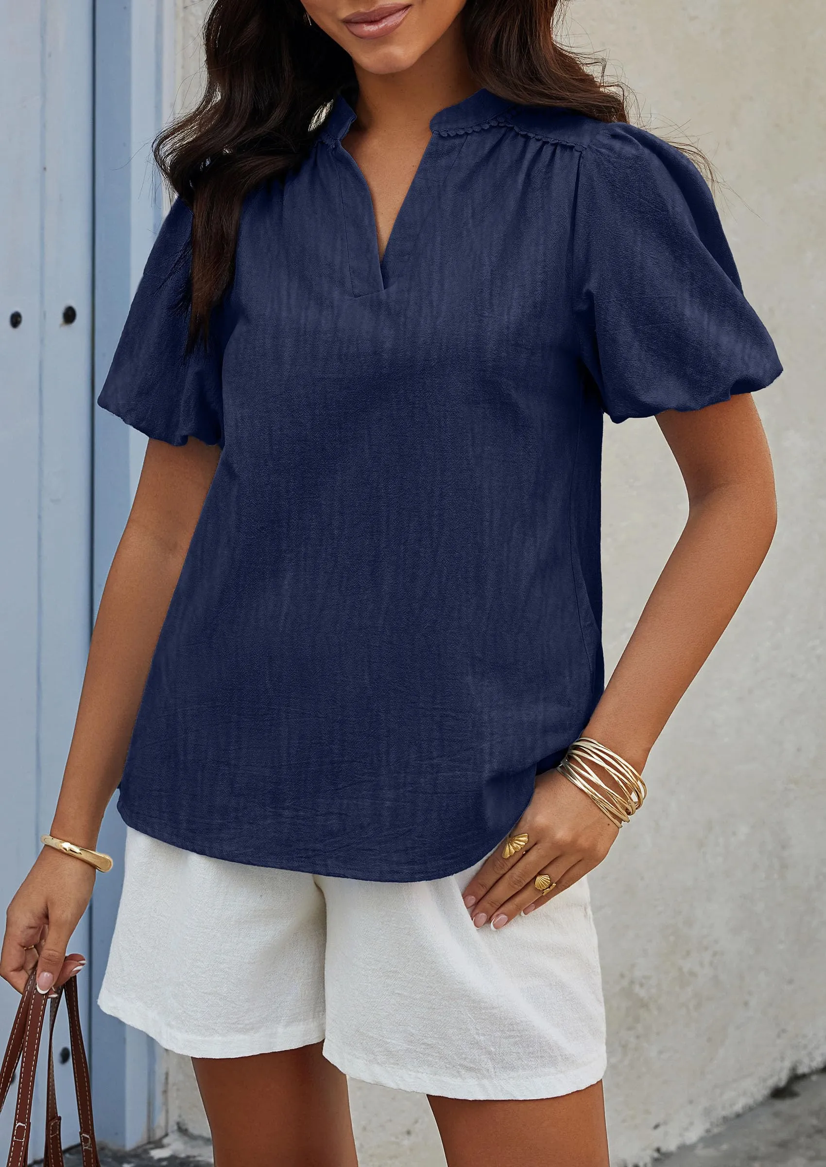 Casual V Neck Short Puff Sleeve Pleated Cotton Loose Blouses
