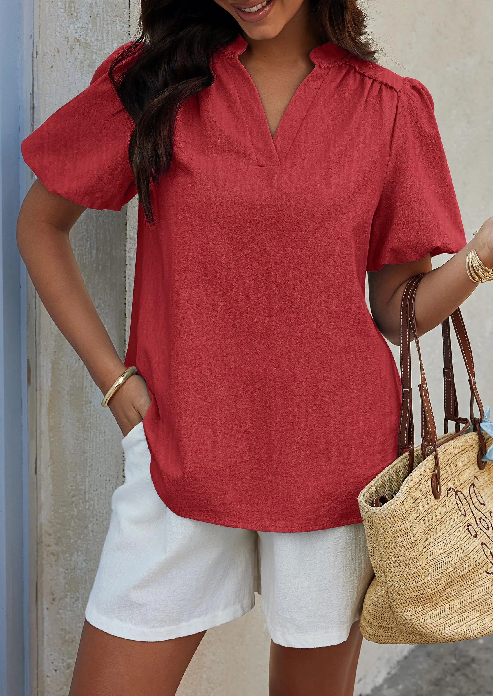 Casual V Neck Short Puff Sleeve Pleated Cotton Loose Blouses