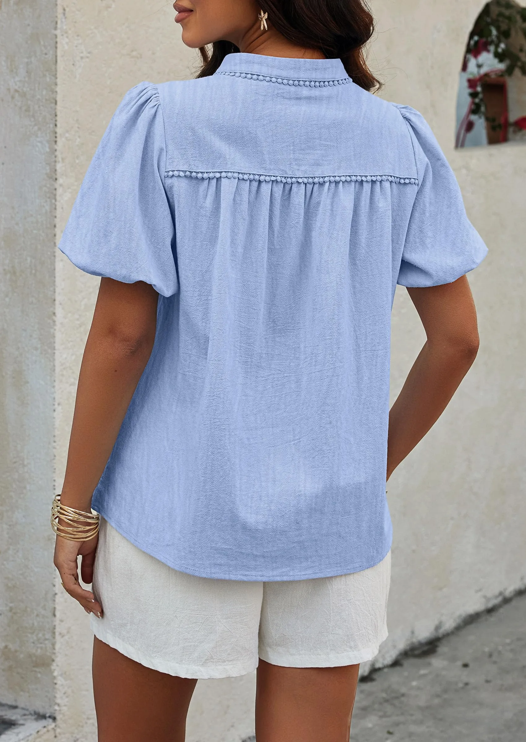 Casual V Neck Short Puff Sleeve Pleated Cotton Loose Blouses