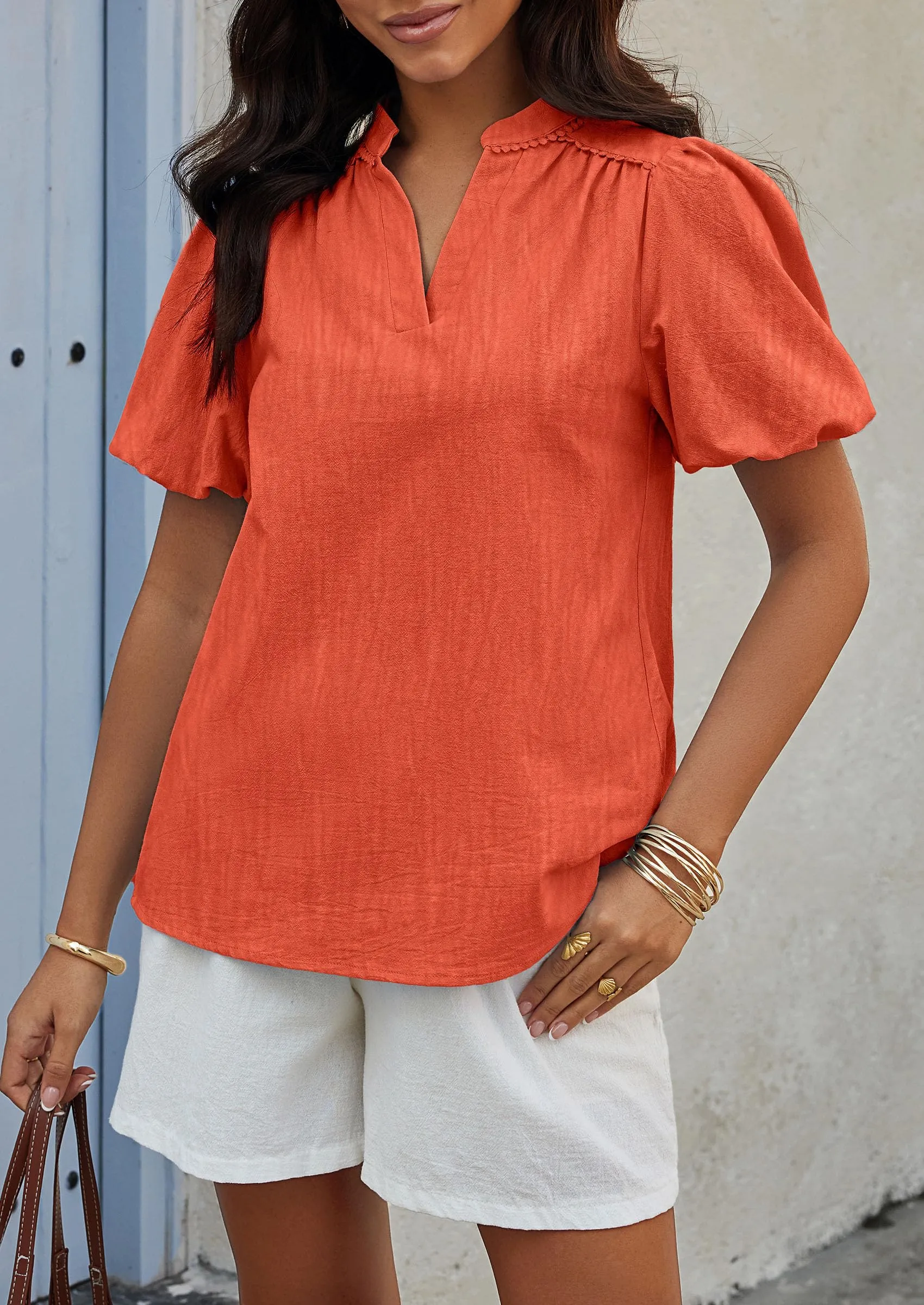 Casual V Neck Short Puff Sleeve Pleated Cotton Loose Blouses