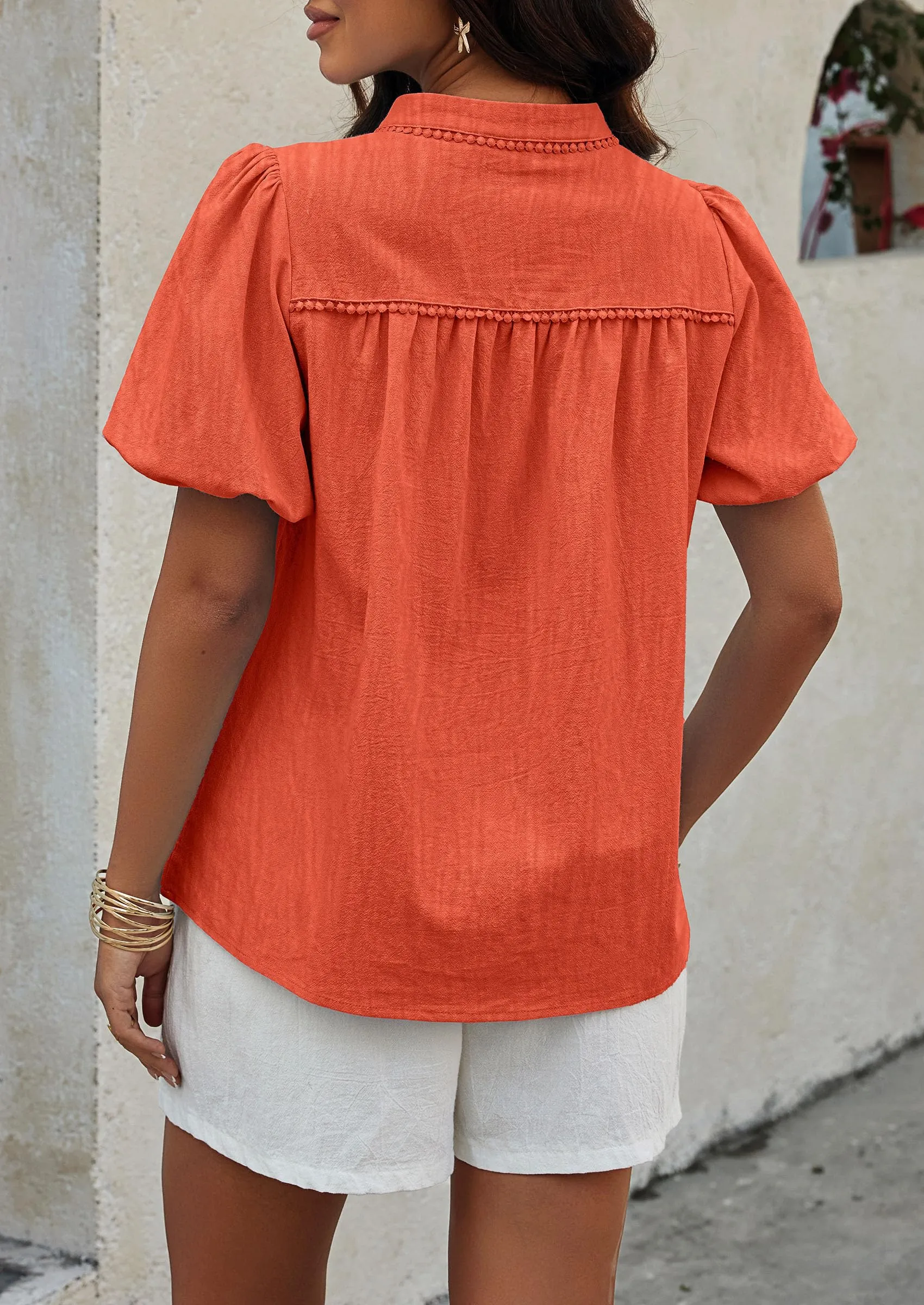 Casual V Neck Short Puff Sleeve Pleated Cotton Loose Blouses