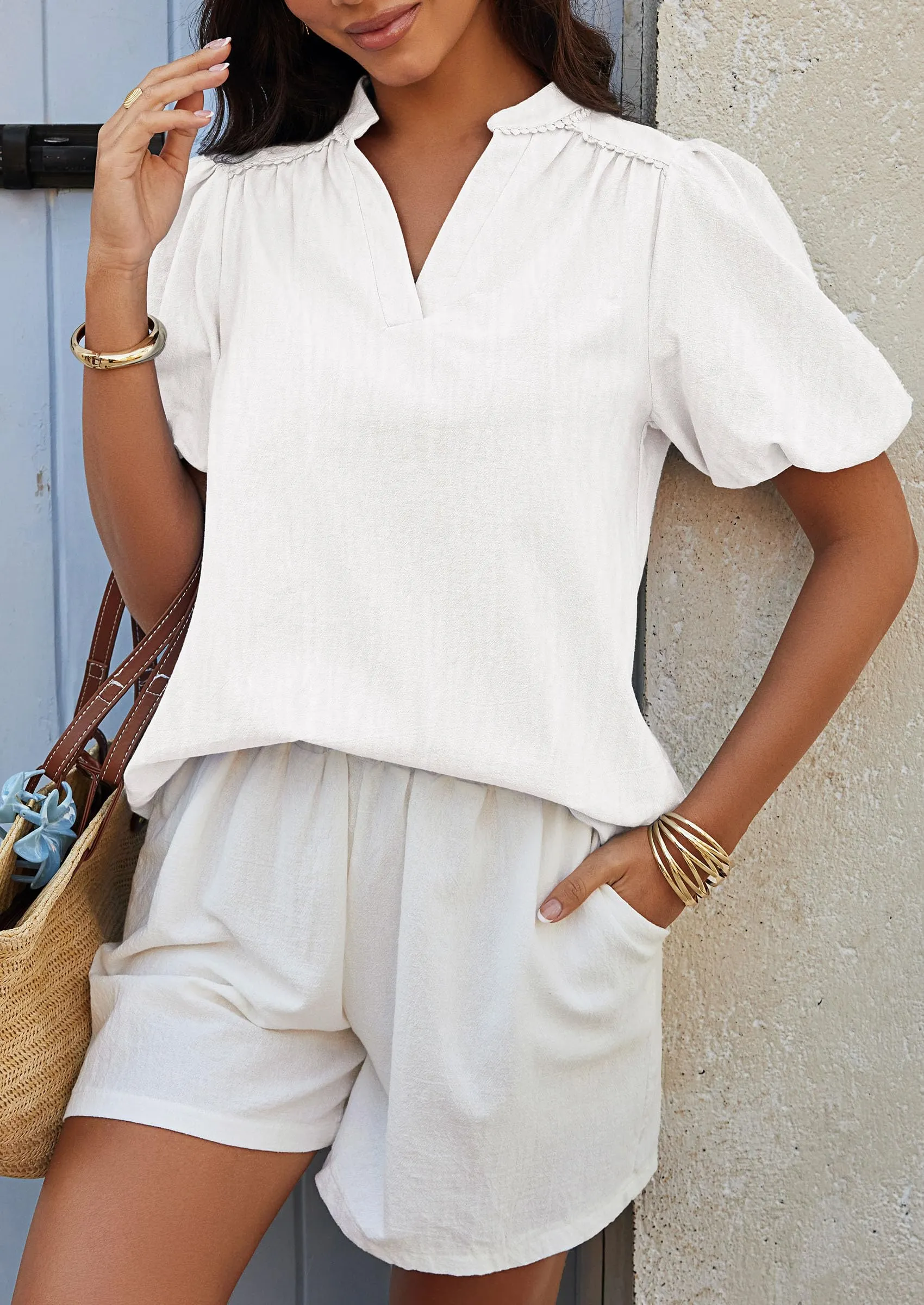 Casual V Neck Short Puff Sleeve Pleated Cotton Loose Blouses