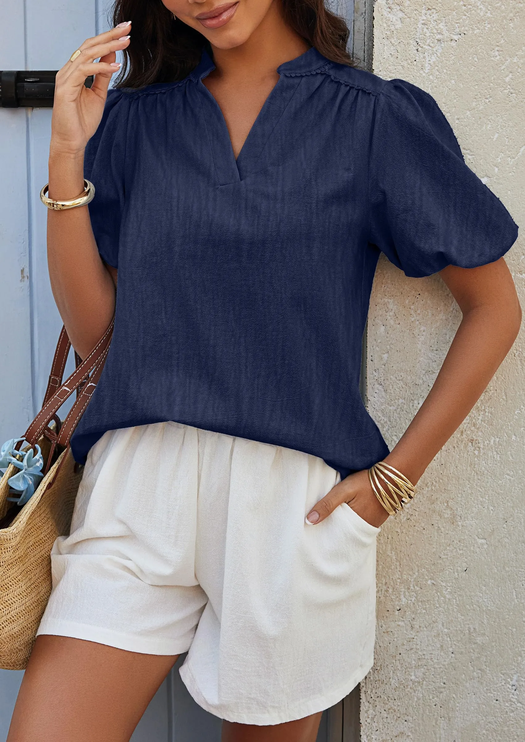 Casual V Neck Short Puff Sleeve Pleated Cotton Loose Blouses