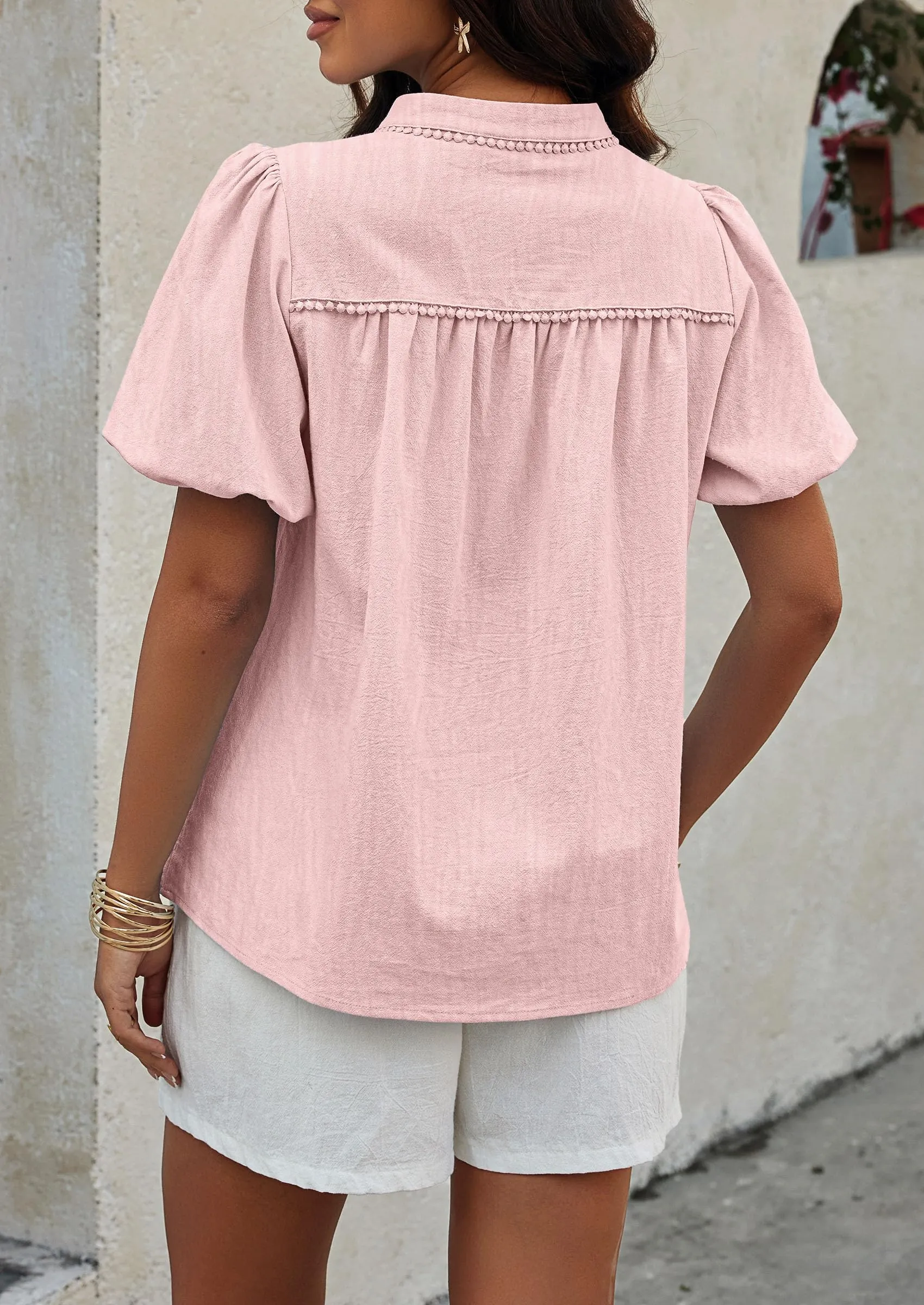 Casual V Neck Short Puff Sleeve Pleated Cotton Loose Blouses