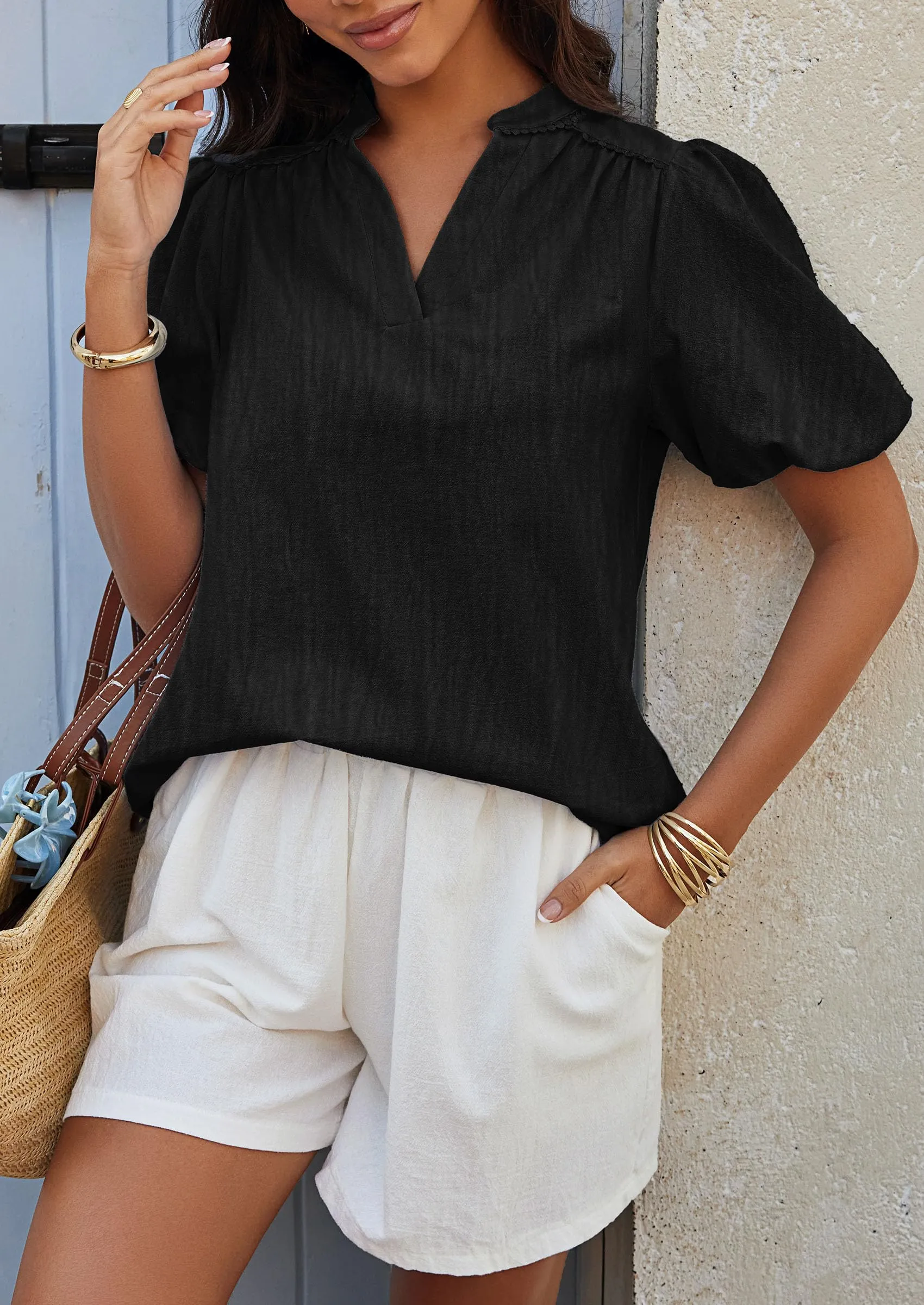 Casual V Neck Short Puff Sleeve Pleated Cotton Loose Blouses