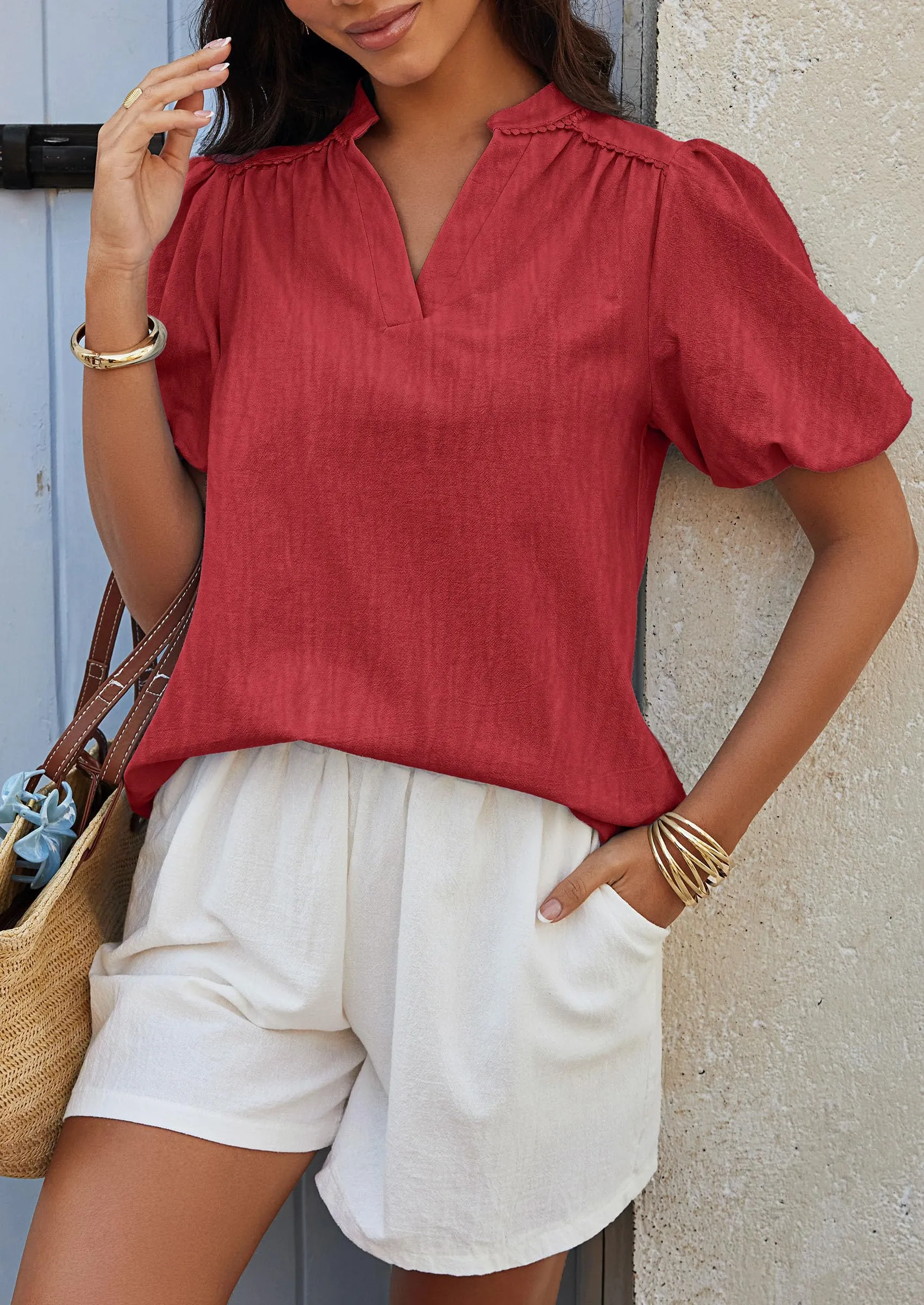 Casual V Neck Short Puff Sleeve Pleated Cotton Loose Blouses