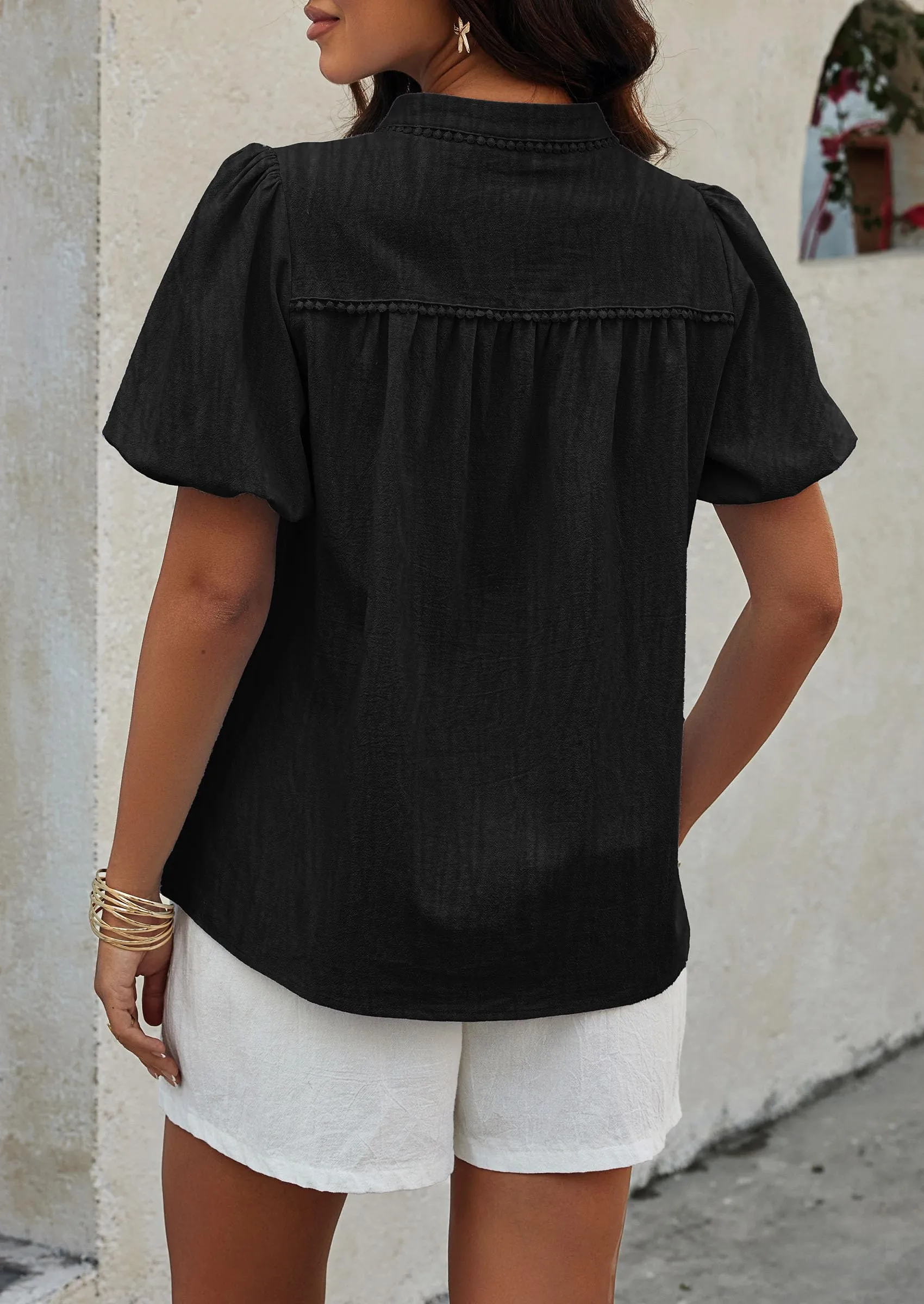 Casual V Neck Short Puff Sleeve Pleated Cotton Loose Blouses