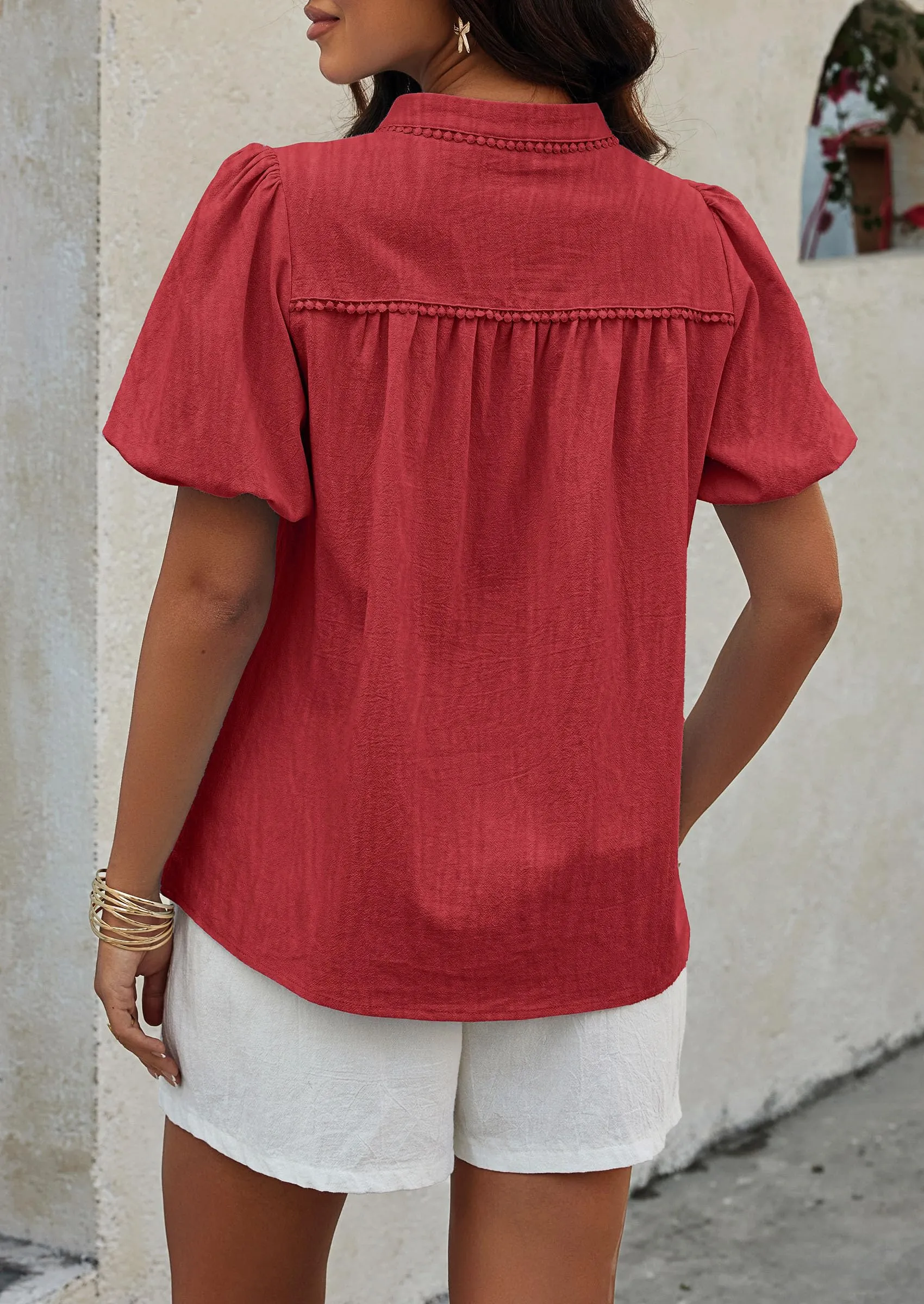 Casual V Neck Short Puff Sleeve Pleated Cotton Loose Blouses