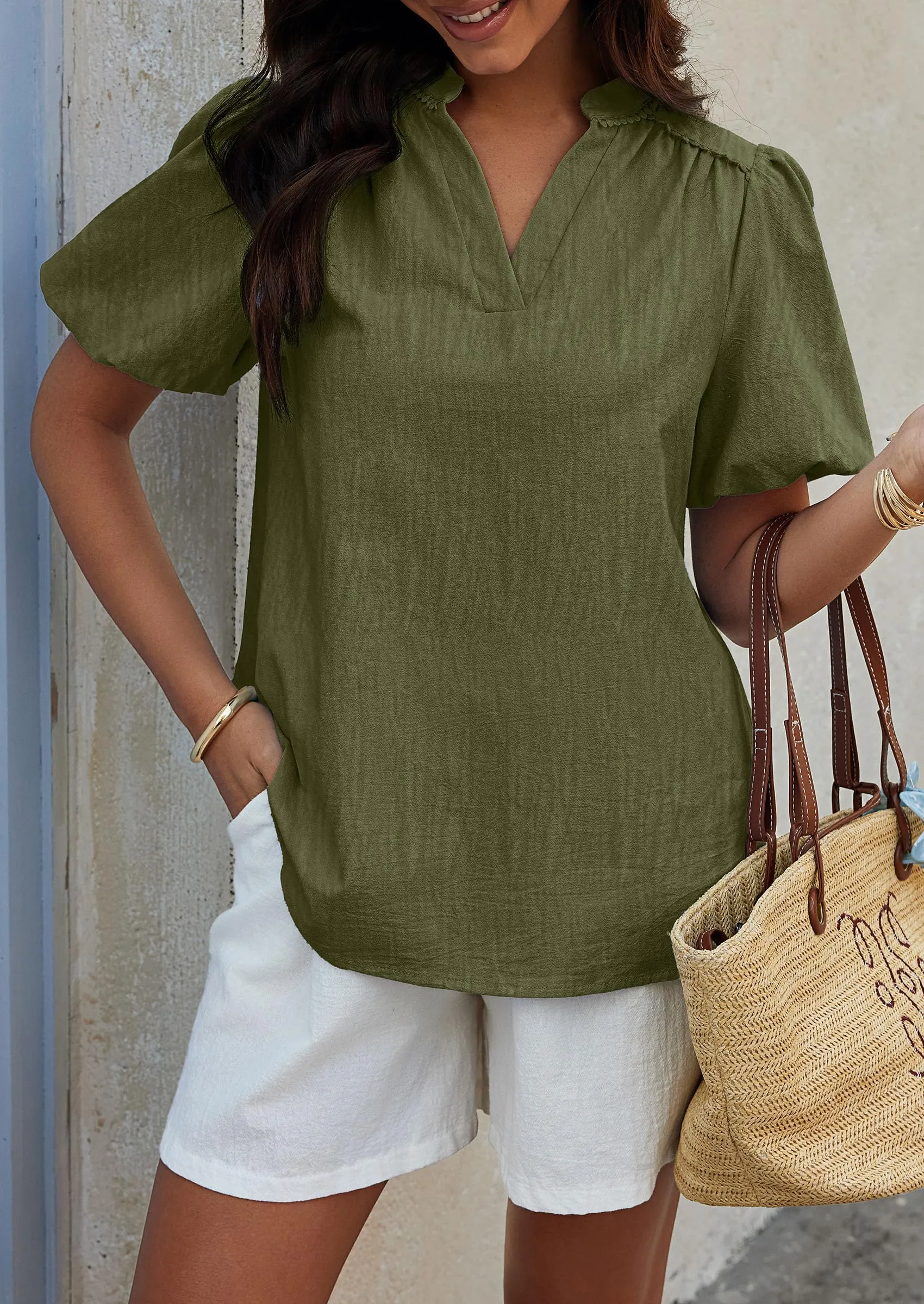 Casual V Neck Short Puff Sleeve Pleated Cotton Loose Blouses