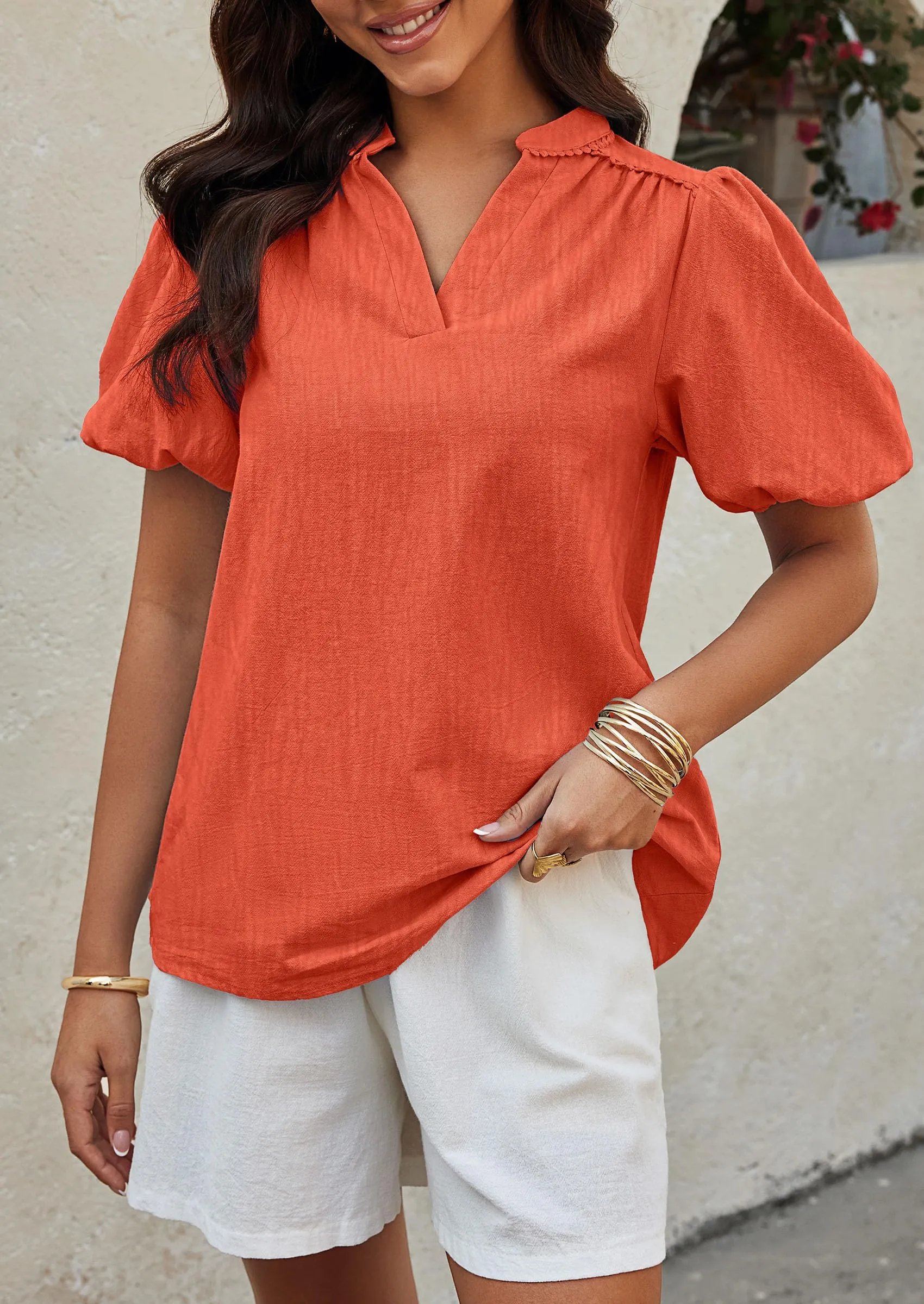 Casual V Neck Short Puff Sleeve Pleated Cotton Loose Blouses