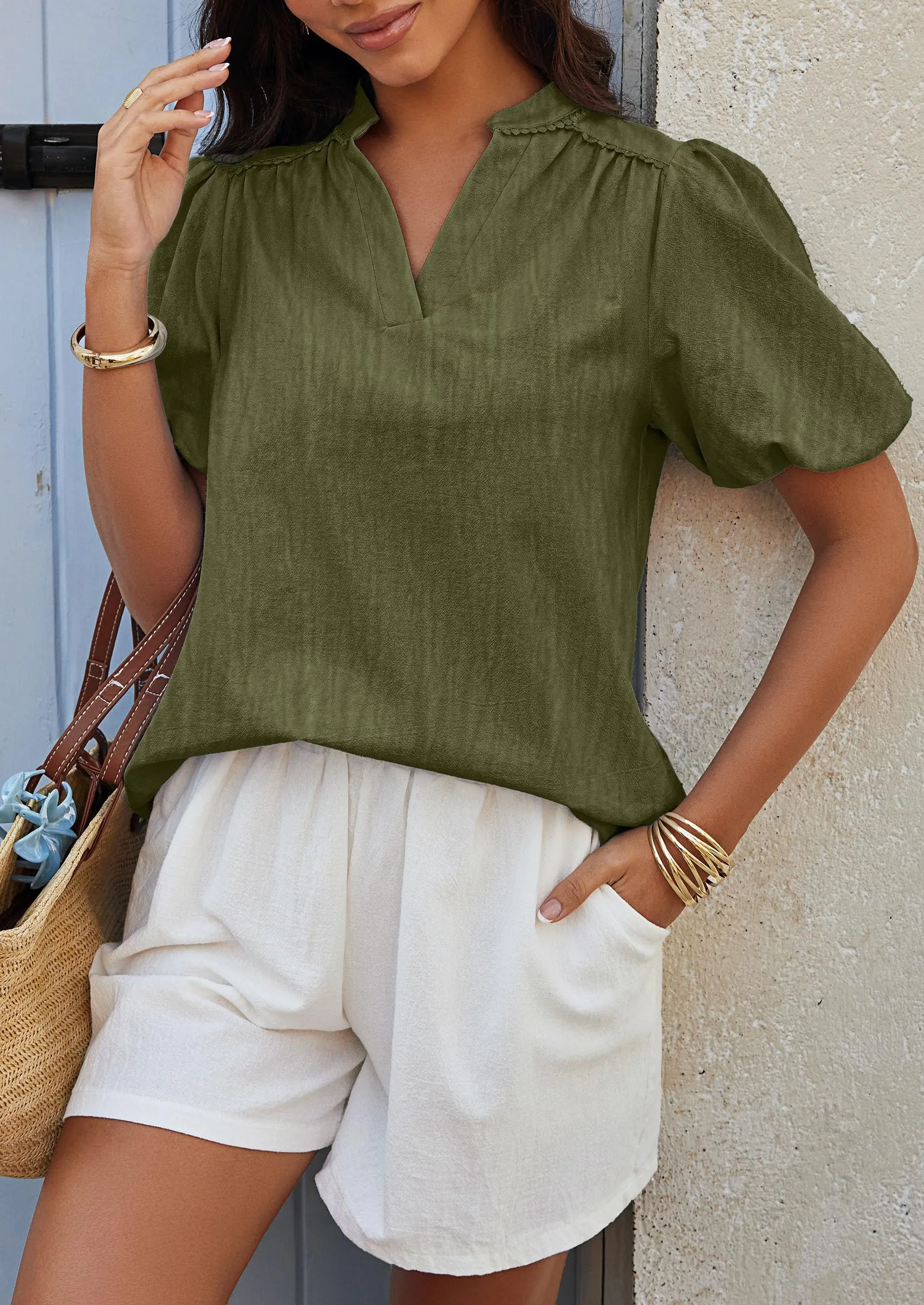 Casual V Neck Short Puff Sleeve Pleated Cotton Loose Blouses