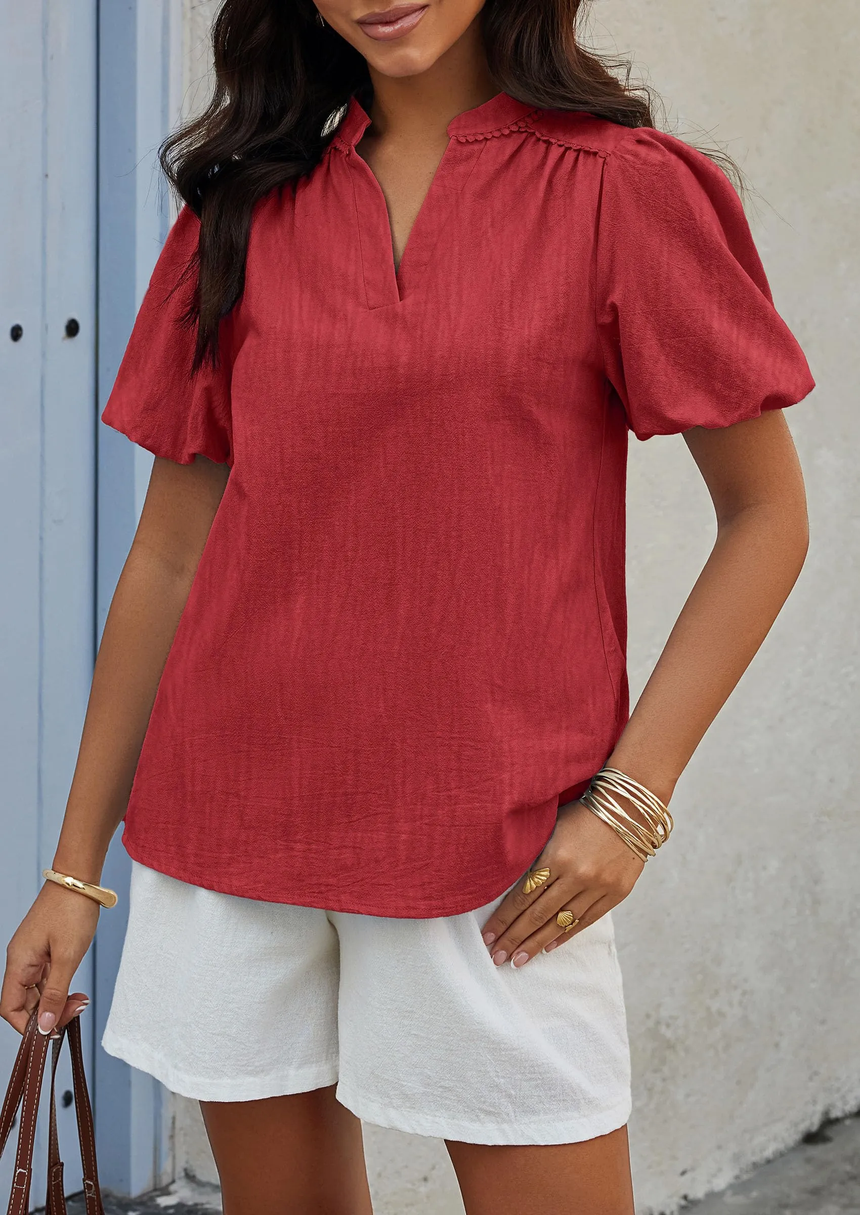 Casual V Neck Short Puff Sleeve Pleated Cotton Loose Blouses