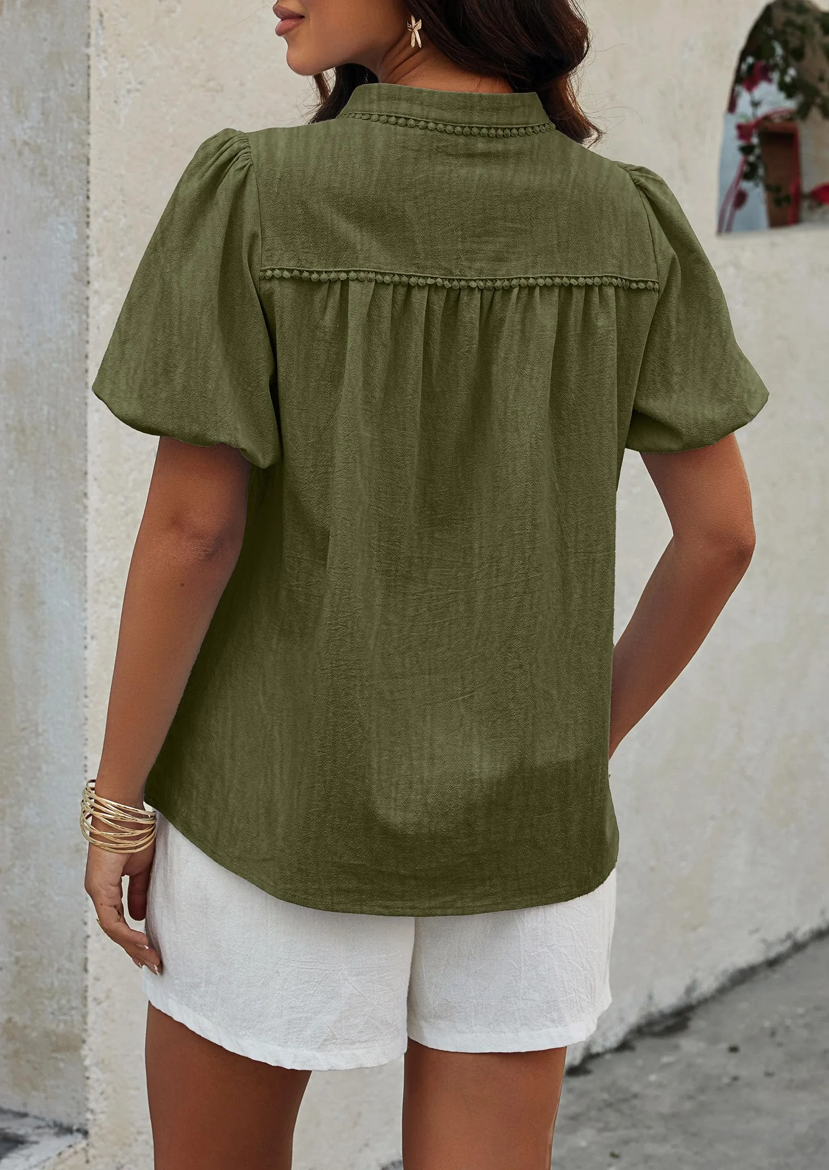 Casual V Neck Short Puff Sleeve Pleated Cotton Loose Blouses