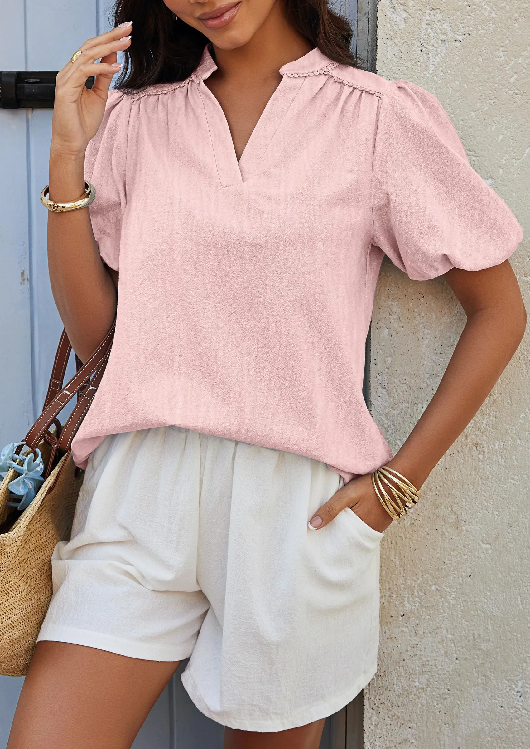 Casual V Neck Short Puff Sleeve Pleated Cotton Loose Blouses