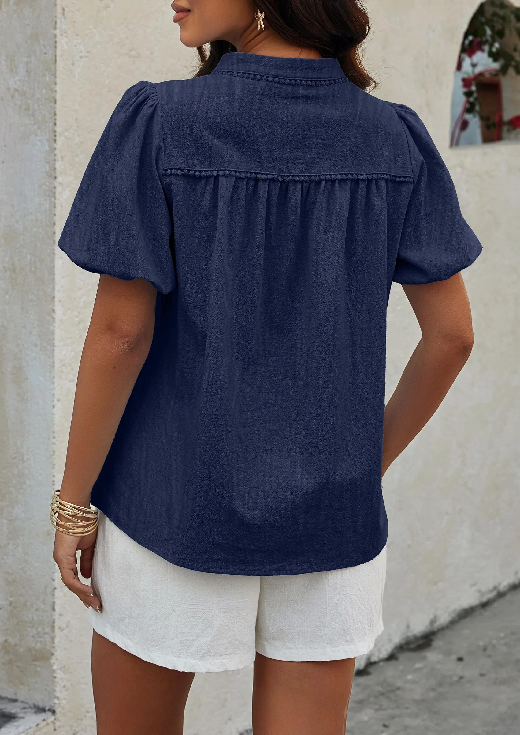 Casual V Neck Short Puff Sleeve Pleated Cotton Loose Blouses