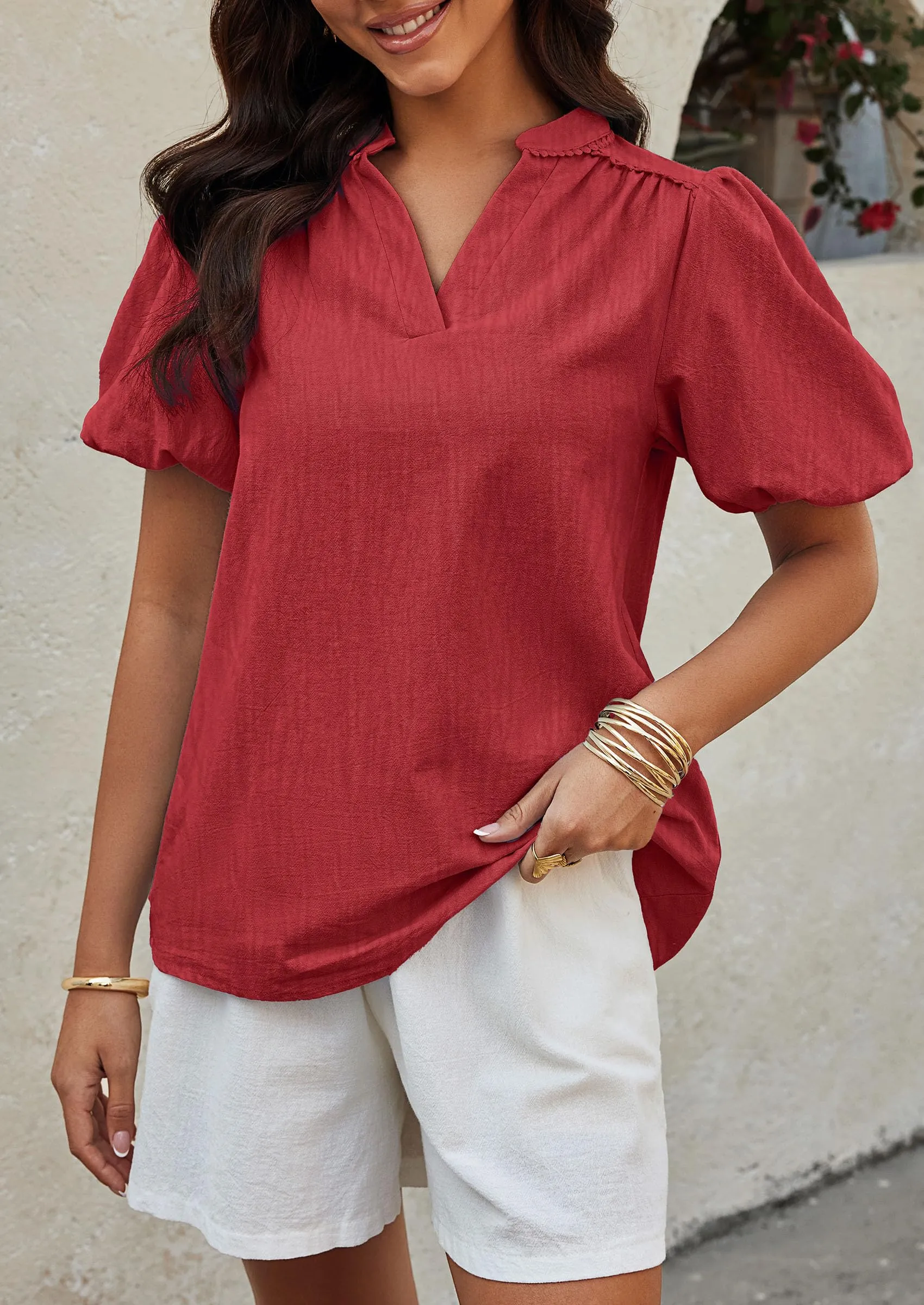Casual V Neck Short Puff Sleeve Pleated Cotton Loose Blouses