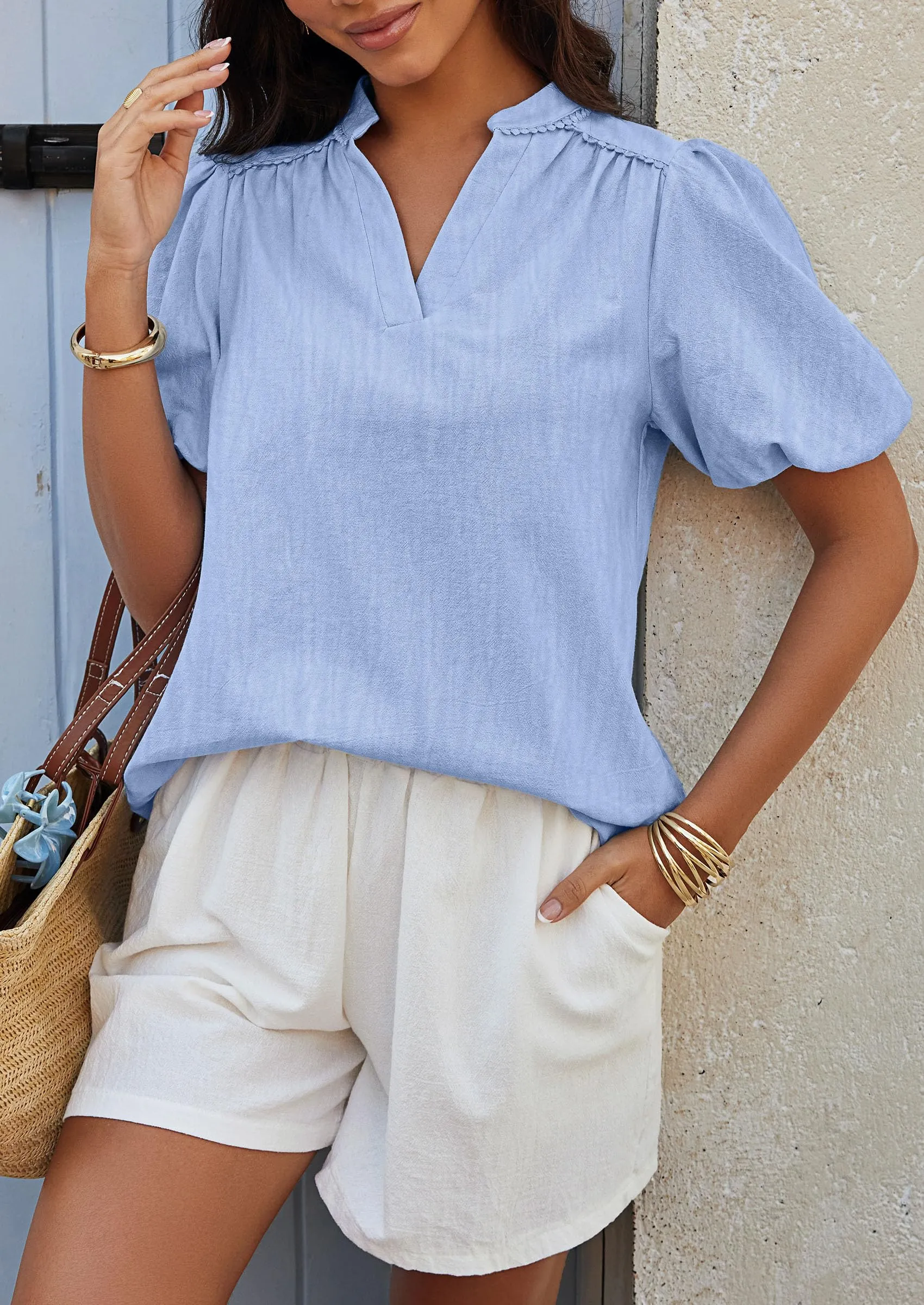 Casual V Neck Short Puff Sleeve Pleated Cotton Loose Blouses
