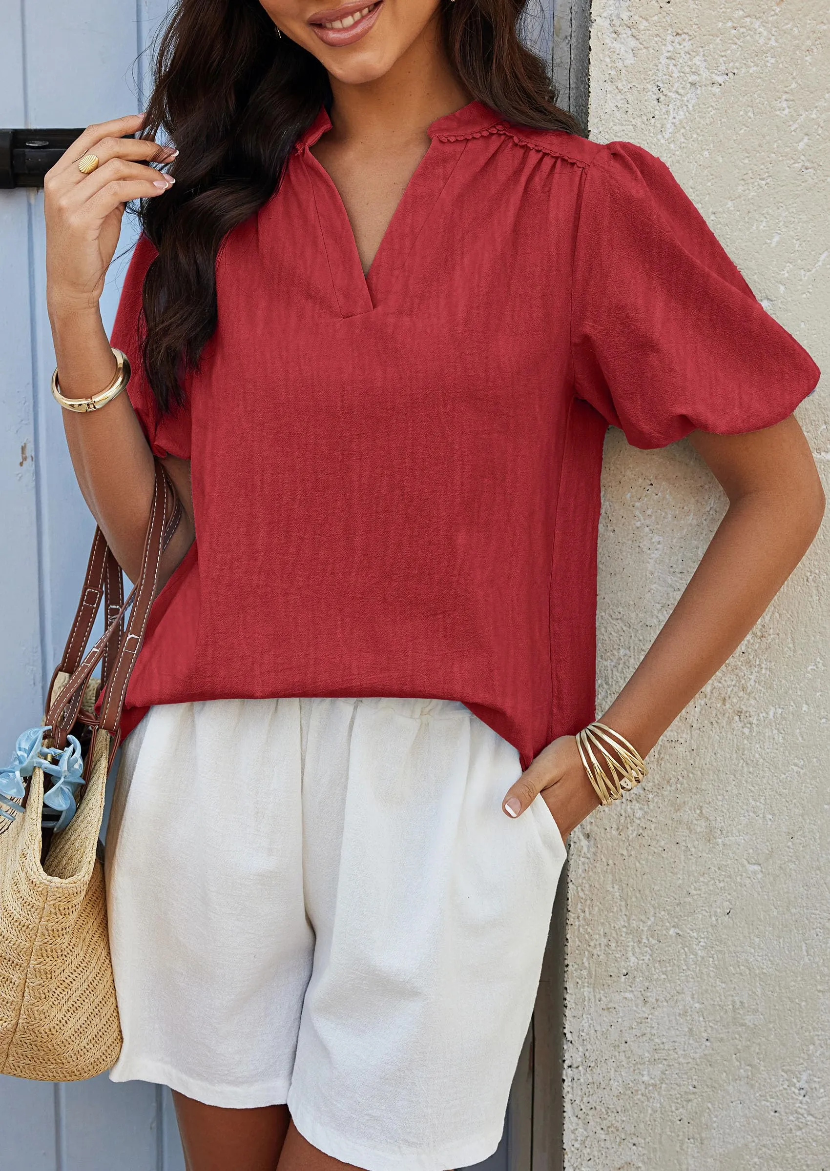 Casual V Neck Short Puff Sleeve Pleated Cotton Loose Blouses